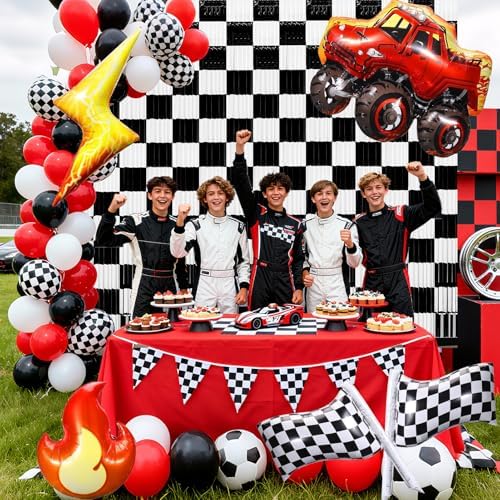 2 Packs Race Car Foil Fringe Curtain, Black White Checkered Glitter Metallic Tinsel Backdrop for Birthday, Baby Shower, Racing Car Truck One Happy Dude Party Decorations Supplies - Image 3