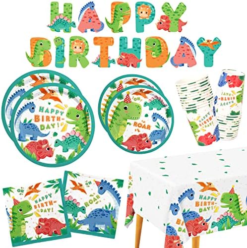 Dinosaur Birthday Party Supplies Disposable Paper Plates Napkins Cups Tablecloth and Banner for Dinosaur Party Decorations Serve 25 by Gatherfun