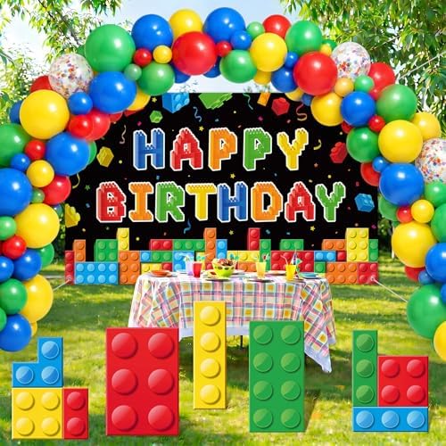 124 Pcs Building Blocks Birthday Party Decorations Set Brick Stand up Cardboard Cutouts Birthday Themed Backdrop Balloons Garland Arch Kit for Building Block Themed Celebration Supplies by PullCrease