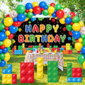 124 Pcs Building Blocks Birthday Party Decorations Set Brick Stand up Cardboard Cutouts Birthday Themed Backdrop Balloons Garland Arch Kit for Building Block Themed Celebration Supplies by PullCrease