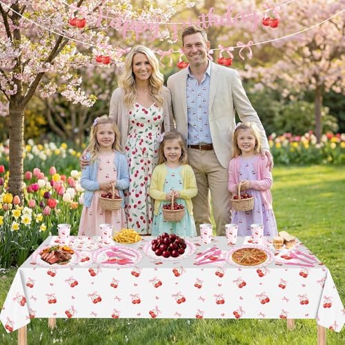 170 Pcs Cherry Birthday Decorations - Pink Bows Party Supplies Set, Happy Birthday Banner, Scalloped Paper Plates Napkins Cups, Plastic Tablecloth, Flatware for Coquette Cherry Bday Party Decoration - Image 6