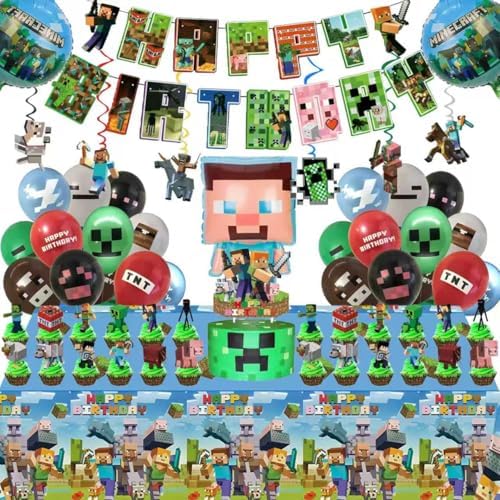 60Pcs For Pixel Birthday Party Decorations, Party Supplies Set Including Balloons, Backdrop, Banner, Tablecloth, Hanging Swirls, Cake Cupcake Toppers for Pixel Theme Party by Unknown