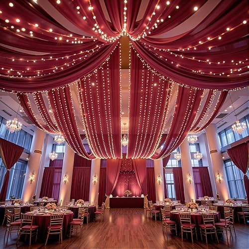 Burgundy Ceiling Drapes with Lights for Weddings, 6 Panels 5ftx20ft Sheer Tulle Curtain Drapes for Wedding Ceremony Birthday Party Arch Decoration - Image 4