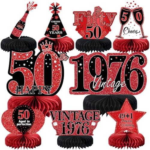 9Pcs 50th Birthday Decorations Red and Black 50th Birthday Party Decorations for Women,Happy 50 Years Vintage 1976 Aged Honeycomb Centerpieces Table Sign Decor Supplies by MOORAY