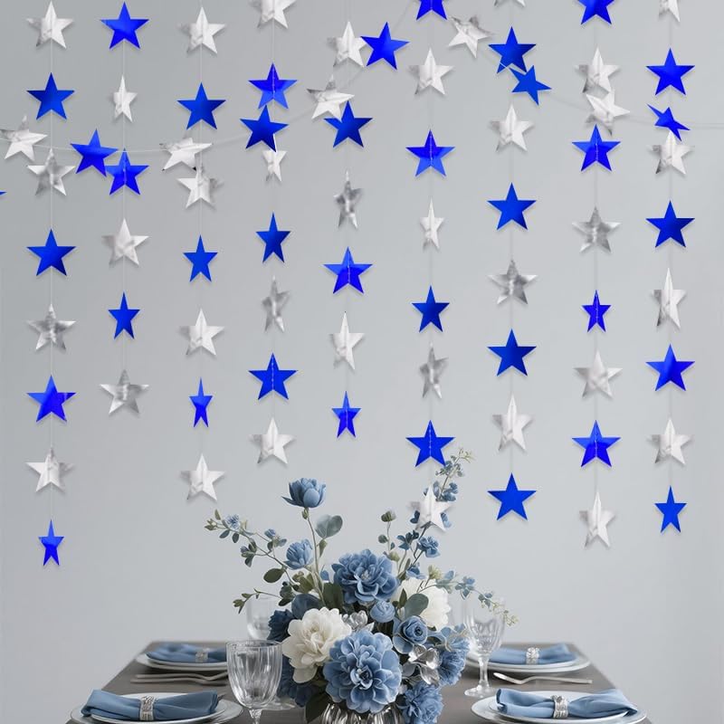 Blue Silver Shining Star Hanging Garland Blue Silver Hanging Sparkling Star Streamer Bunting Banner Twinkle Backdrop for Wedding Baby Shower Birthday Christmas Decorations 40 Feet - Image 6