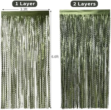 4 Pack Wavy Olive Green Streamers Backdrop Jungle Party Decorations - 3.3x6.6ft Foil Fringe Curtains Photo Booth for Dinosaur Animal St Patrick's Day Football Decor - Image 5