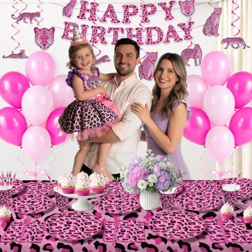 205Pcs Pink Cheetah Birthday Decorations Tableware Set, 25 Serves - Image 4