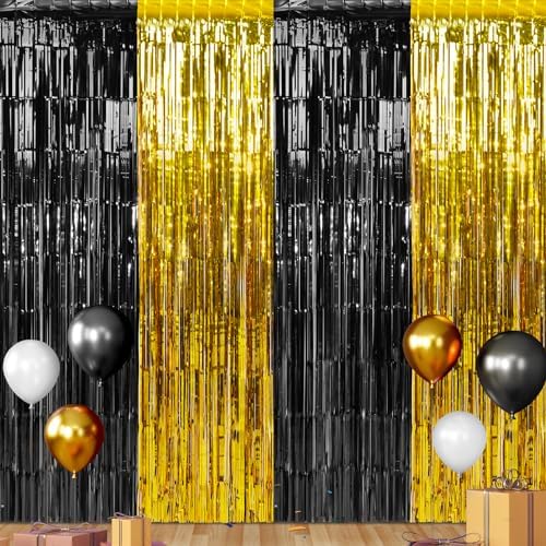 6Pack 3.3Ft x 6.6Ft Graduation Foil Fringe Curtain Backdrop Decorations, Black Gold Metallic Tinsel Foil Streamers Curtain Photo Booth Background for Graduation Prom Wedding Birthday Party Decorations by Zachely