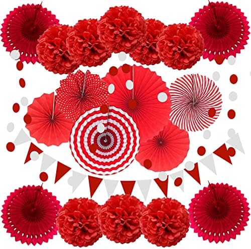ZERODECO Party Decoration, 21 Pcs Red Hanging Paper Fans Pom Poms Flowers, Garlands String and Triangle Bunting Flags for Birthday Parties Baby Showers Wedding by ZERODECO