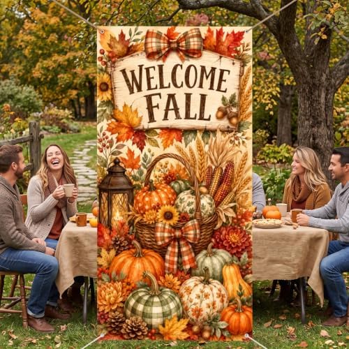 Welcome Fall Door Banner 35×71 Inch Autumn Harvest Porch Hanging Flag Vintage Pumpkin Maple Leaf Harvest Door Cover Decor for Rustic Farmhouse Yard Wall Thanksgiving Outdoor Indoor Decoration - Image 6