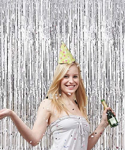 2 Pcs 3.2ft x 8.2ft Shiny Silver Metallic Tinsel Foil Fringe Curtains Photo Booth Backdrop for Birthday Wedding Bridal Shower Holiday Celebration Bachelorette Party Decorations - Image 6
