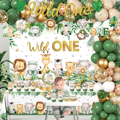 Wild Birthday Decorations,Safari Birthday Decorations 277Pcs Wild Plates and Napkin Sets Banner Backdrop Tablecloth Cake Topper Balloon Garland for Jungle 1st birthday Decorations - Image 2