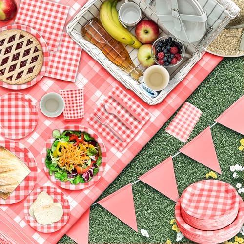 180Pcs Red Gingham Party Supplies Paper Plates and Napkins Serve 60 - Image 4
