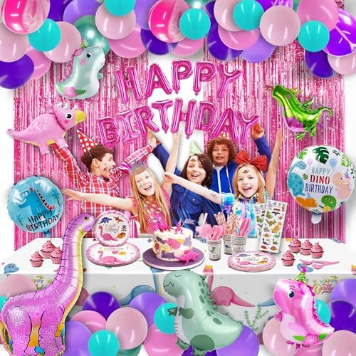 150 pcs Dinosaur Birthday Party Supplies For Girls (Serves 12), Pink Dinosaur Party Decorations, 50 pcs Latex Balloons, 12 sets Tableware, Plates, Tablecloth, Installation Tools - Image 7