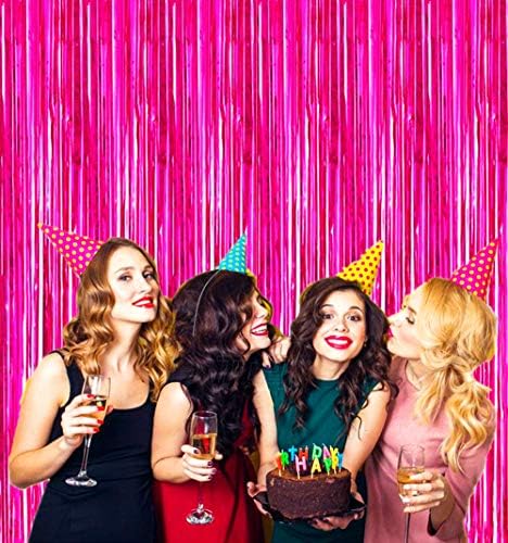 2 Pcs 3.2ft x 8.2ft Shiny Hot Pink Metallic Tinsel Foil Fringe Curtains Photo Booth Backdrop for Birthday Wedding Holiday Celebration Bachelorette Party Decorations - Image 5