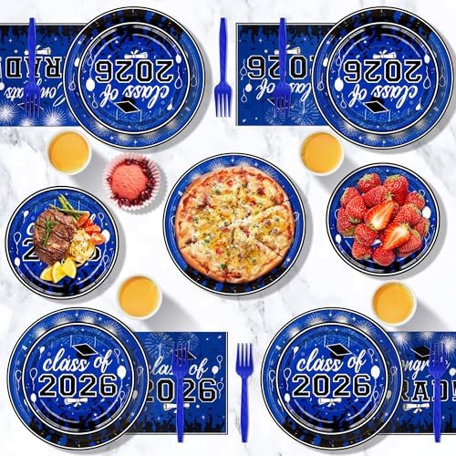 100 Pcs Graduation Plates and Napkins, 2026 Blue Graduation Disposable Plates and Napkins Party Supplies Set Serves 25, Blue Disposable Dinnerware Set for 2026 Decorations Grad Party - Image 3