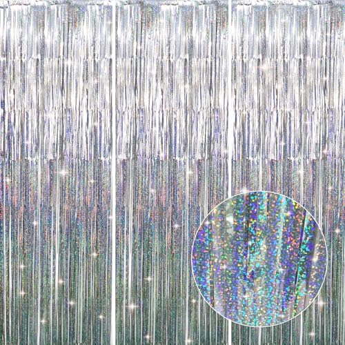 GOER 3.2 ft x 8.2 ft Metallic Tinsel Foil Fringe Curtains Party Photo Backdrop Party Streamers for Birthday,Graduation,New Year Eve Decorations Wedding Decor (3 Pcs, Shiny Silver) by GOER