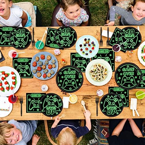 96pcs Video Game Party Supplies Tableware Set Neon Game On Paper Plates and Napkins Green Gaming Birthday Party Decorations Favors for Boys Kids Gamer Baby Shower,Serves 24 - Image 6