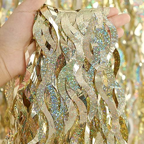 Champagne Gold Foil Fringe Backdrop - CYLMFC 3 Pack 3.3 ft x 6.6 ft Sparkle Tinsel Foil Fringe Backdrop Curtains for Birthday Anniversary Retirement Party Decorations - Image 2