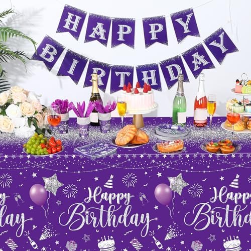 Vesici 171 Pcs Happy Birthday Party Supplies 24 Set Table, Purple, Silver - Image 4