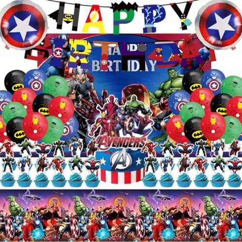 46Pcs superhero Birthday Party Supplies, Avengers Party Decorations Set Include Banner, Backdrop, Balloons, Hanging Swirls, Cake Cupcake Toppers, Tablecloth for Boys Girls Avengers Theme Party by leuaxmy