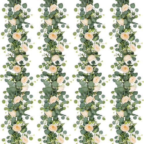 TOCHGREEN 4 Pack Artificial Eucalyptus Flower Garland with Champagne Roses by TOCHGREEN