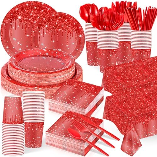 452 Pcs Red Birthday Party Decoration for 50 Guest, Red Diamond Glitter Paper Plates Napkins Cups Tablecloth Cutlery Straws Tableware for Birthday Wedding Baby Shower Graduation Party Supply by Funnymoom