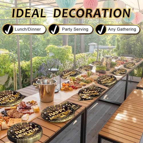 Qyeahkj 200 Pcs Happy New Years Plates and Napkins Party Supplies Black and Gold 2026 New Year's Eve Disposable Tableware Set with Paper Plates Napkins for NYE Party Celebration Decoration Serves 50 - Image 6