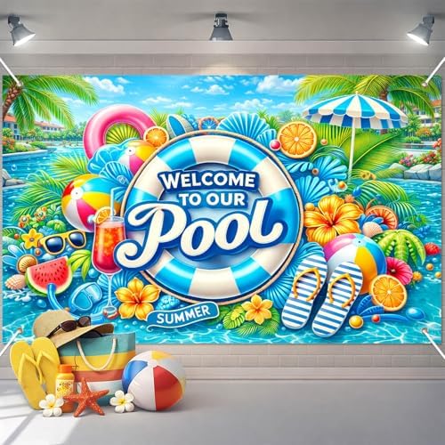 BlissYard Hello Summer Banner 71 x 43 Inches Welcome to Our Pool Summer Pool Party Decorations Swimming Pool Backdrop Beach for Pool Party Backyard Summer Beach Tiki Bar Outdoor Photo Booth by BlissYard