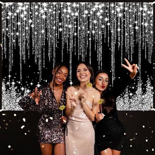 Silver Black Glitter Wall Backdrop 10x6 FT Silver Spots Backdrops for Photoshoot Girls Birthday Photography Background for Wedding Baby Shower Party Decorations Banners Photo Studio Props - Image 2