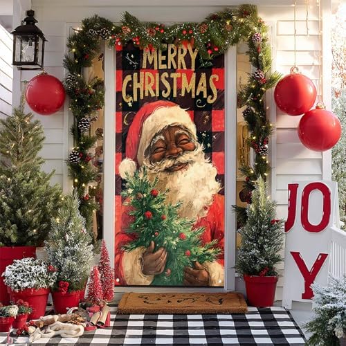 BlissYard Door Cover Black Santa Buffalo Plaid 35x71 Inch Polyester - Image 2