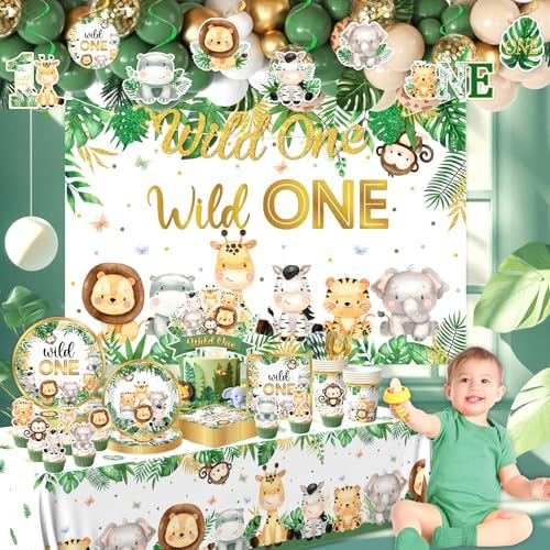 Wild Birthday Decorations,Safari Birthday Decorations 277Pcs Wild Plates and Napkin Sets Banner Backdrop Tablecloth Cake Topper Balloon Garland for Jungle 1st birthday Decorations - Image 3