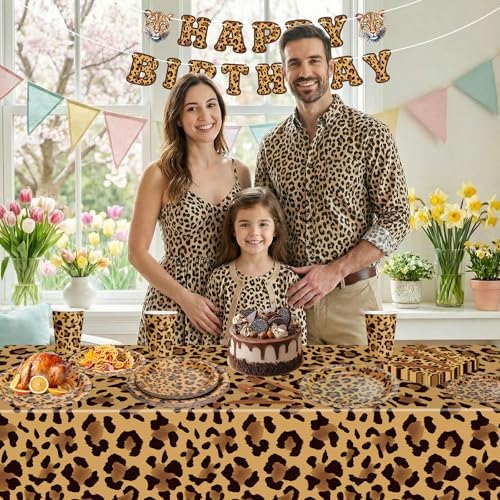 142 Pcs Cheetah Print Birthday Decorations Set - Happy Birthday Banner, Animal Leopard Paper Dinner Plates Napkins Cups, Plastic Tablecloth, Flatware for Cheetah Party Supplies Leopard Birthdays Decor - Image 2