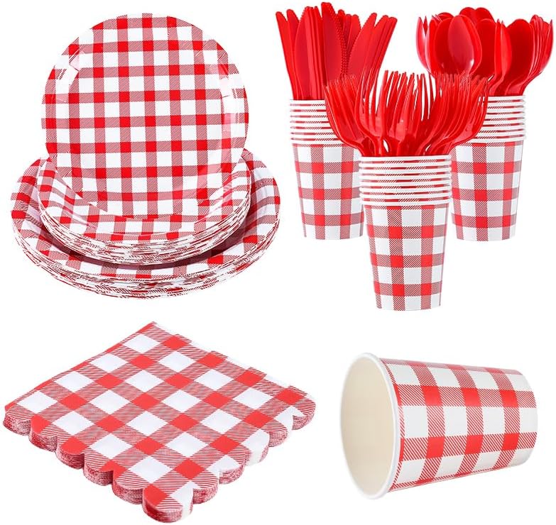 168Pcs Gingham Party Supplies for 24 Guests Thick Napkins and Paper Plates Knives Spoons Forks Cups Disposable Tableware Set Cutlery for Dinner Baby Shower Wedding Favor(Red) by Unknown