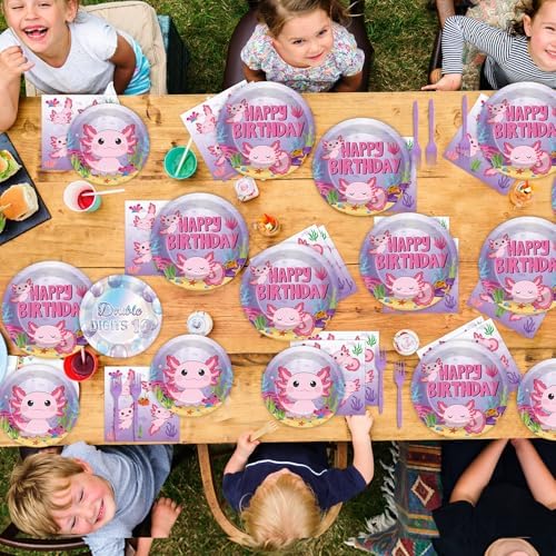 100 Pcs Axolotl Birthday Party Supplies Pink Axolotl Disposable Paper Plates Forks Tableware Sets Cute Cartoon Reptile Animals Happy Birthday Decorations for Kids Girls Baby Shower Serve 25 Guests - Image 7
