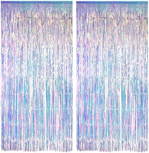 Iridescent Party Streamers Backdrop - GREATRIL Neon Transparent Holographic Tinsel Foil Fringe Curtain for Mermaid/Frozen/Sea/Euphoria/ERAS Party Theme Decorations 3.2ft x 6.5ft 2 PCS by GREATRIL