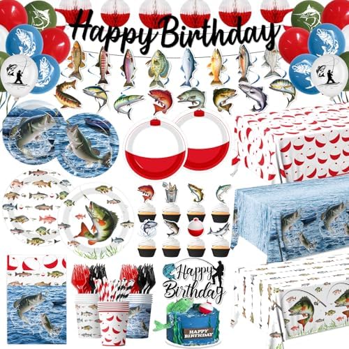 Fish Birthday Party Decorations, All-in-1 Fish Party Decorations with Balloons Fish Plates Napkins Cake Toppers Honeycombs Tablecloths and Banner Ofishally One Birthday Decorations, Serve 24 by Juweked