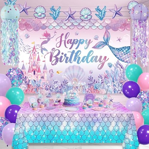 Mermaid Birthday Decorations For Women,Colorful Jellyfish Lanterns,Happy Birthday Backdrop,Banner Balloons,Table Cloth,Paper pom poms Party Supplies for Girls by Jenlion