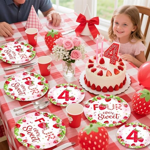 Grencian 96Pcs Strawberry 4th Birthday Party Decoration, Serve 24 - Image 7