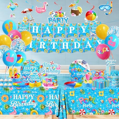 Pool Birthday Party Supplies,Summer Beach Party Decorations Paper Plates,Napkins,Balloon,Banner,Cupcake Topper for Summer Hawaiian Beach Pool Birthday Supplies Serves 24 - Image 3