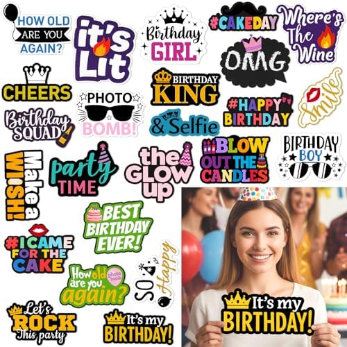 Beeveer 24 Pcs Birthday Photo Booth Props Single Sided 9" Photo Booth Props by Beeveer