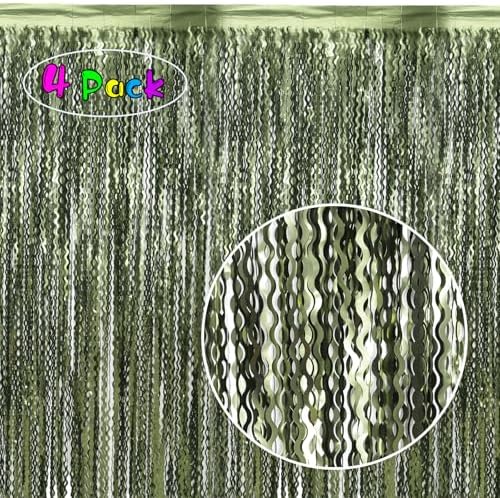 4 Pack Wavy Olive Green Streamers Backdrop Jungle Party Decorations - 3.3x6.6ft Foil Fringe Curtains Photo Booth for Dinosaur Animal St Patrick's Day Football Decor - Image 2