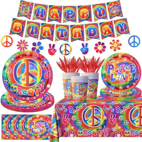 Tie Dye Birthday Party Supplies, 60's Hippie Theme Tableware Set Include Groovy Paper Plates Peace Love Napkins for Groovy 60s Party Supplies,Tie Dye Party Decorations by Dydamud