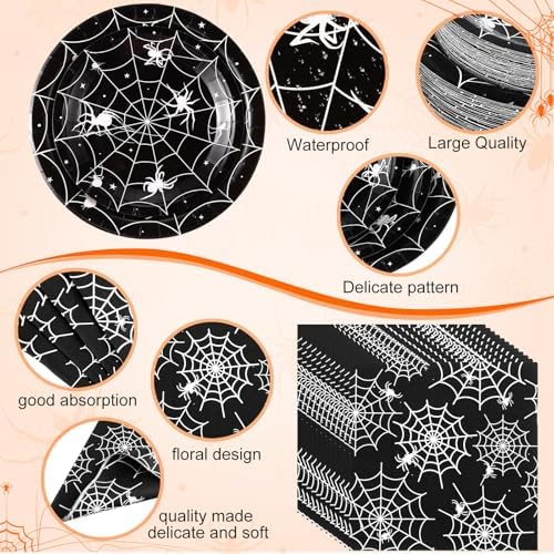 Funnymoom 452 Pcs Halloween Spiderweb Party Supplies Tableware for 50 Guests Include 7&9 Inch Black Spider Web Paper Plates Napkins Cups Tablecloth Cutlery Straws for Spiderweb Birthday Party Decor - Image 3