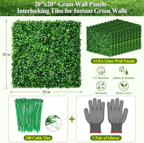 20" X 20" Artificial Grass Wall Panels 14Pcs Greenery Backdrop UV-Protected Faux Boxwood Panels 39 ft² Fake Green Wall Privacy Screen for Outdoor Indoor Decor Party Wedding Garden Fence Decorations - Image 2