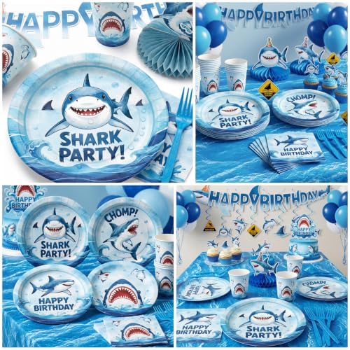 182 Pcs Shark Birthday Party Decorations (Serves 24), Shark Party Decorations Include Banner Hanging Plates Napkins Cups Forks Tablecloth Topper Balloons for Party - Image 5