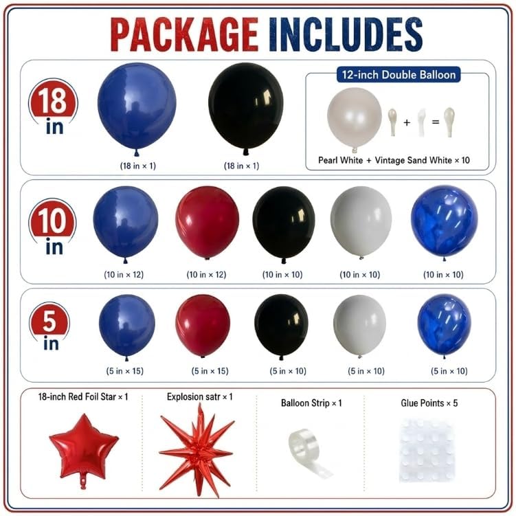 Black Red Blue Balloon Arch Garland Kit, Spider Themed 4th of July Patriotic Balloons Double Stuff Red Navy Blue Black Gray Pearl White Balloon for Kids Boys Baby Shower Birthday Party Decorations - Image 2