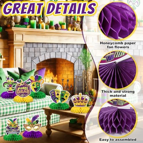 Mardi Gras Party Decorations,9 Pcs Mardi Gras Honeycomb Table Decor,Double Side Mask Crown Table Centerpieces for Carnival Holiday Masquerade New Orleans Party Supplies Decorations - Image 4