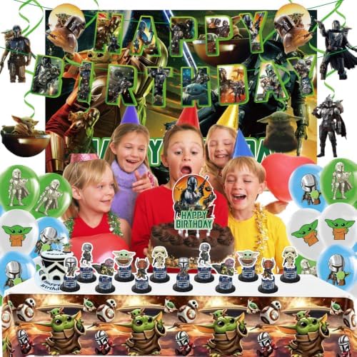 40Pcs Grogu Birthday Decorations Set, Includes Cake Topper, Cupcake Toppers, Balloons, Happy Birthday Banner, Hanging Swirls, Backdrop and Table Cloth for Yoda Party Decorations. - Image 4