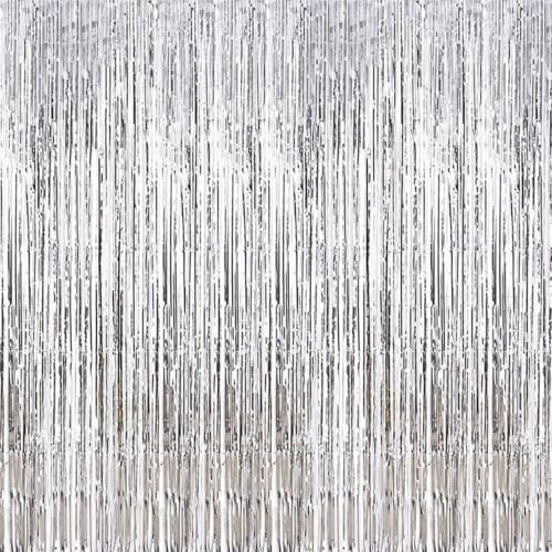 2 Pcs 3.2ft x 8.2ft Shiny Silver Metallic Tinsel Foil Fringe Curtains Photo Booth Backdrop for Birthday Wedding Bridal Shower Holiday Celebration Bachelorette Party Decorations by i-CHONY